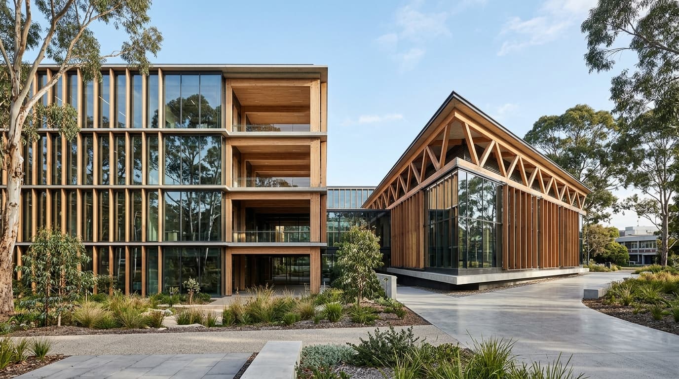 Contemporary Australian institutional innovation pavilion featuring engineered timber louvers and daylight