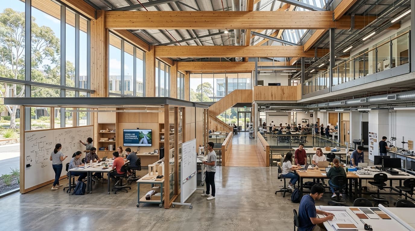 High-tech university living laboratory testbed showing timber glulam structure, modular interior bays, and research desks