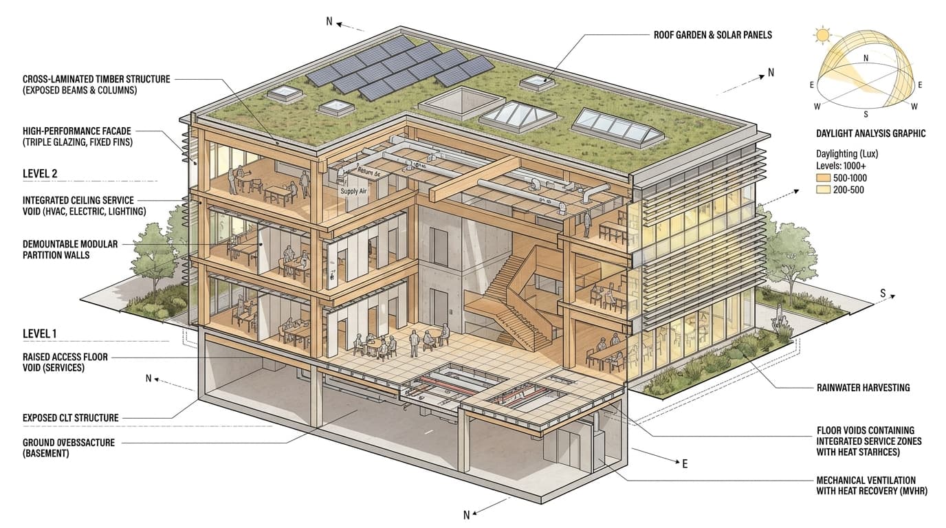 Architectural isometric cutaway showing integrated modular ceilings, demountable walls, service voids, and mass timber structure